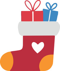 Cute Christmas stocking with presents, rendered in bright colors and a playful style. Perfect for holiday patterns and festive web design elements.