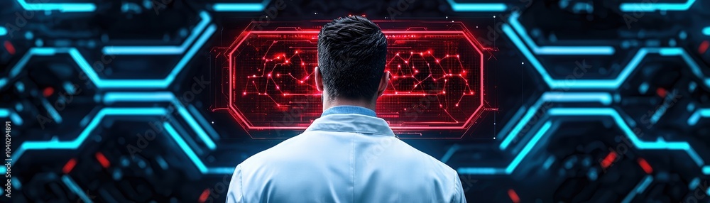 Aufkleber scientist observing holographic data on digital interface, futuristic lab environment.