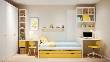 A cozy kids' room with a white desk, chair, and bed. Shelves hold books and toys. Soft lighting and a large window give it a bright, cheerful ambiance.