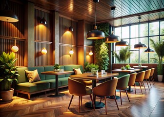 Fototapeta premium Stylish Mid Century Modern Restaurant Interior with Retro Accents and Warm Ambiance