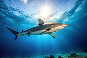 Fototapeta premium Aerial view of Caribbean reef shark swimming bottom up in clear blue water