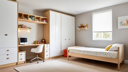 A cozy kids' room with a white desk, chair, and bed. Shelves hold books and toys. Soft lighting and a large window give it a bright, cheerful ambiance.