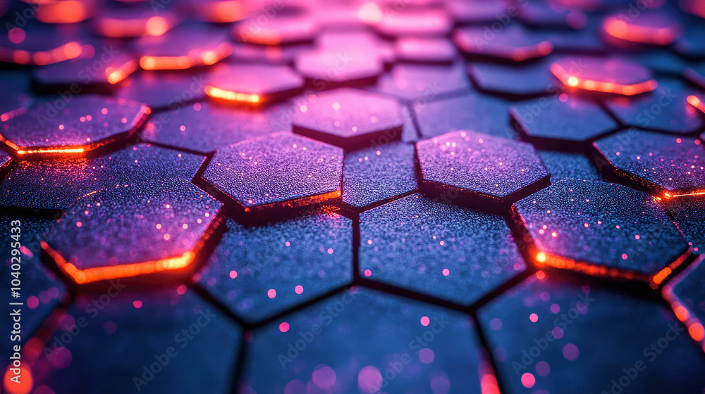 Poster a stunning, futuristic close-up of hexagon patterns illuminated in neon pink. this digital design sh