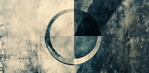 Abstract Geometric Pattern with Circle and Triangle Shapes in Gray, Beige, and Blue on a Grunge Background for Modern Wall Decoration or Wallpaper