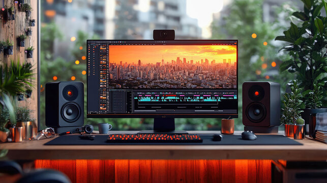 A modern workstation with a computer, speakers, and a professional video editing interface on the screen, designed for video editing and post-production