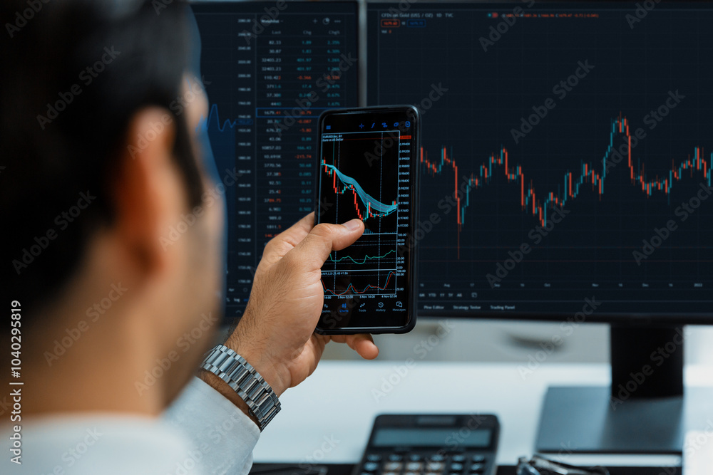 Poster trader businessman searching on smartphone, analyzing in dynamic stock exchange investment screen on