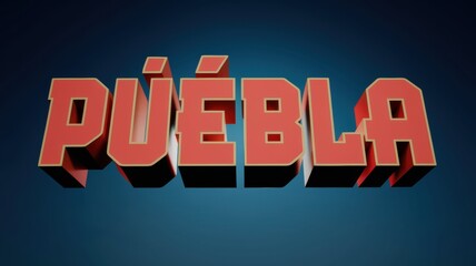3D Text Art: 'Puebla' in Bold Red and Shadow, Suitable for Travel Promotions or Cultural Events