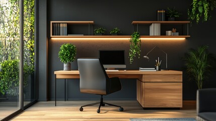 A modern office with a black chair and a desk with a computer and a plant