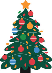 Festive Christmas tree illustration, featuring colorful decorations and lights. Suitable for seasonal greeting cards, web design, and holiday patterns.