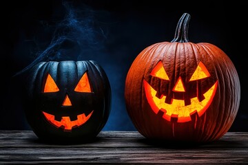 Two spooky Halloween pumpkins glowing with light, set against a dark background.