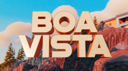 Colorful 3D Text 'BOA VISTA' Against a Scenic Mountain Background - Ideal for Travel Promotions or Branding.