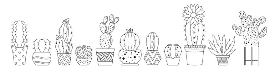 Line plants. Cactus flower, succulent logo in pot. Simple tropical home pattern, linear summer silhouette, homeland cacti blossom. Hand drawn isolated element for decor. Vector design icons