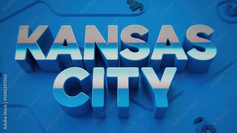 Wall mural 3D Text Design: Vibrant Kansas City Sign Against a Blue Background, Ideal for Travel or City Promotion