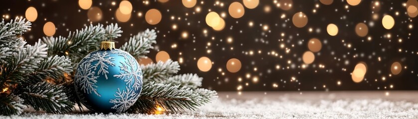Holiday scene featuring a frosted evergreen branch with a blue ornament, glowing golden bokeh, and snowflakes softly descending, capturing Christmas magic