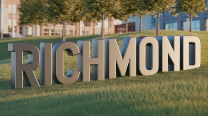 Fototapeta premium Modern Signage: A large metallic 'RICHMOND' sign set on green grass, ideal for city branding or tourism promotion.