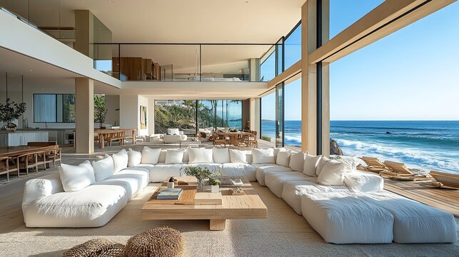 Beach house luxury living room with a white linen sofa, ocean views, and glass walls, luxury beach house living room, coastal elegance