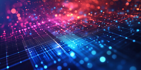 Obraz premium A stunning virtual reality-inspired background featuring abstract 3D grids and captivating blue light effects, ideal for showcasing smart electronic devices