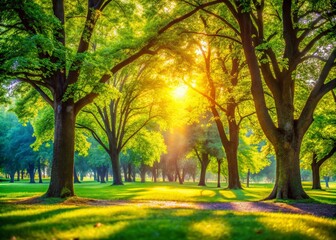 Fototapeta premium Summer Park Serenity with Majestic High Trees in Bokeh Effect for Nature Enthusiasts