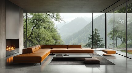 Contemporary luxury living room with a minimalist leather sofa, large glass windows, and polished concrete floors, luxury minimalist living room, sleek modern style