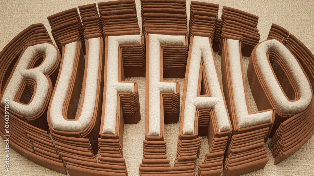 Poster 3D Text Art: Stylized 'BUFFALO' in Brown and Cream Layers, Ideal for Graphic Design and Branding