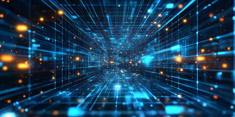 A stunning virtual reality-inspired background featuring abstract 3D grids and captivating blue light effects, ideal for showcasing smart electronic devices