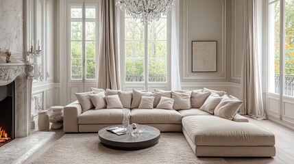 Elegant living room with a beige sectional sofa, marble fireplace, and crystal chandelier, luxury elegant living room, refined opulence