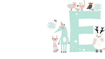 Fototapeta premium Cute Cartoon Animal Characters with Letter E Illustration, Featuring Birds, Reindeer, and Whimsical Creatures in a Playful Nature Scene