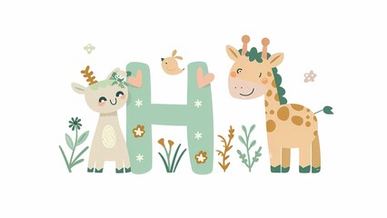 Obraz premium Cute Cartoon Animals and Letter H Illustration with Deer, Giraffe, and Bird in Nature Scene