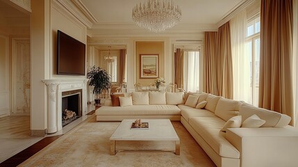 Fototapeta premium Elegant living room with a beige sectional sofa, marble fireplace, and crystal chandelier, luxury elegant living room, refined opulence
