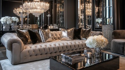 Glamorous luxury living room with a mirrored coffee table, velvet sofa, and fur throw pillows, luxury glamorous living room, Hollywood chic