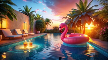 Obraz premium Summer Vibes with Flamingo Pool Float for Vacation Fun and Relaxation