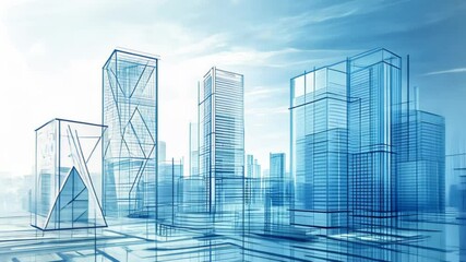 A digital illustration of a modern city skyline with a blue color scheme.