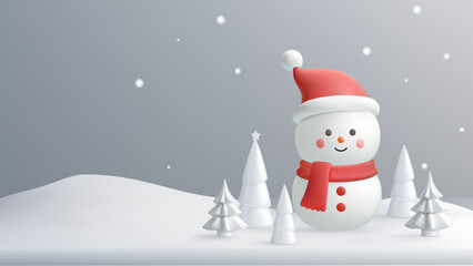 Cheerful Snowman with Red Hat and Scarf in a Winter Wonderland