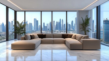 Fototapeta premium Luxury living room with a large modular sofa, panoramic city view windows, and marble flooring, luxury penthouse living room, sleek and modern