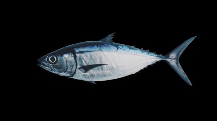 A close-up of a tuna fish isolated on a black background.