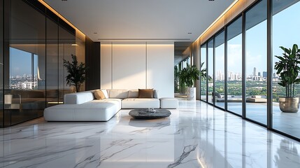 Minimalist luxury living room with a sleek white sofa, marble floors, and glass walls, luxury minimalist living room, refined simplicity
