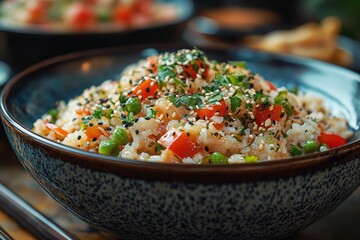Vegetable stew with rice on a plate close-up. Vegetables, healthy food, cooking, recipe