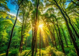 Obraz premium Sunlit Forest Canopy - Nature's Light and Shadow Play in Lush Greenery