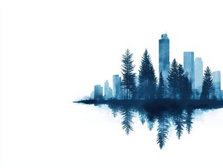 Overlay of a digital and traditional blueprint of a pine tree forest transitioning to a cityscape, nature meets urban, hybrid design