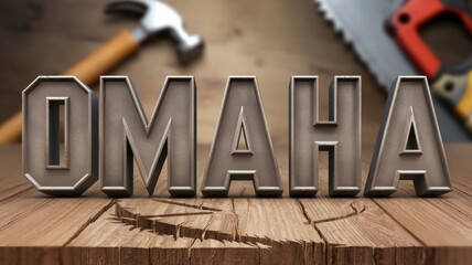3D Text 'OMAHA' on a Wooden Surface with Tools in Background, Ideal for Branding and Local Promotions