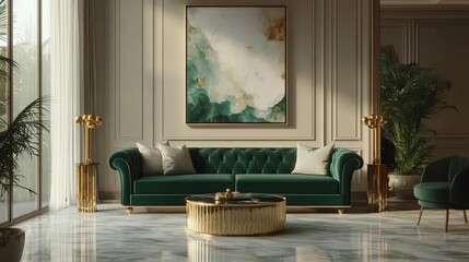 Ultraluxurious living room with a deep green velvet sofa, gold accents, and marble floors, luxury ultraluxurious living room, rich sophistication