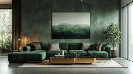 Stylish luxury living room with a deep green velvet sofa, brass coffee table, and abstract art, luxury green velvet living room, sophisticated decor