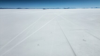 Aerial photo of Salar de Uyuni, largest salt flat in the world. Near Andes, Bolivia.