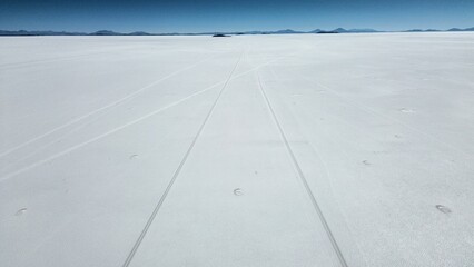 Aerial photo of Salar de Uyuni, largest salt flat in the world. Near Andes, Bolivia.