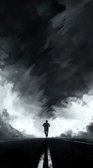 A solitary figure walks towards a dark, stormy sky, evoking a sense of journey and uncertainty.