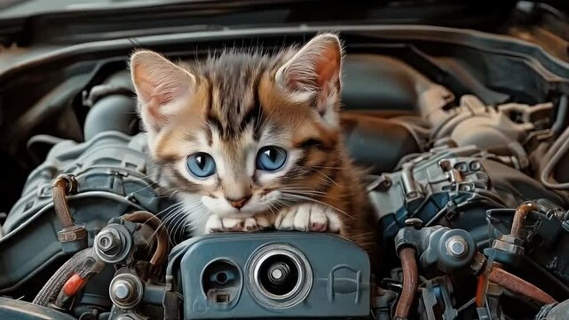 A tiny stray kitten with striking blue eyes peers out from the grimy engine of a car, trapped inside the compartment, meowing for help. Concept: animal rescue in danger.