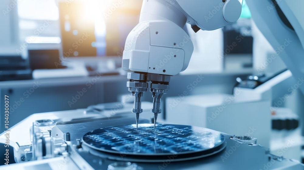 Aufkleber A robotic assistant conducting automated quality checks of semiconductor wafers in a clean, high-tech semiconductor lab, precise and organized environment with a focus on semiconductor technology