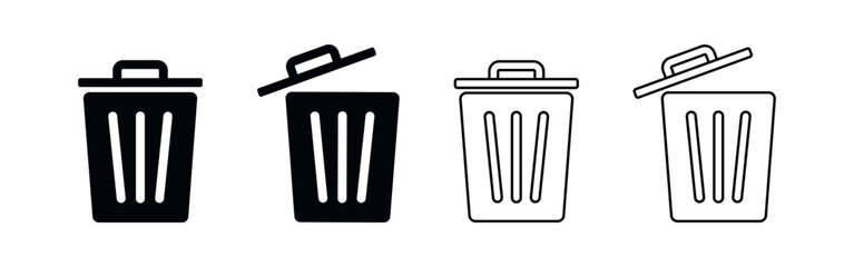 Trash Bin Vector Flat Black Icon on White Background. Solid and Linear Delete Symbol, Recycle Bin, Rubbish, Garbage.
