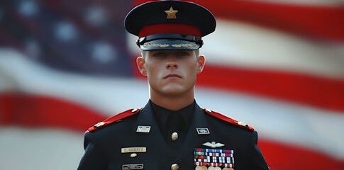 A soldier stands proudly in uniform against a backdrop of the American flag.