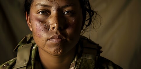 A soldier with a serious expression, showing resilience and determination.